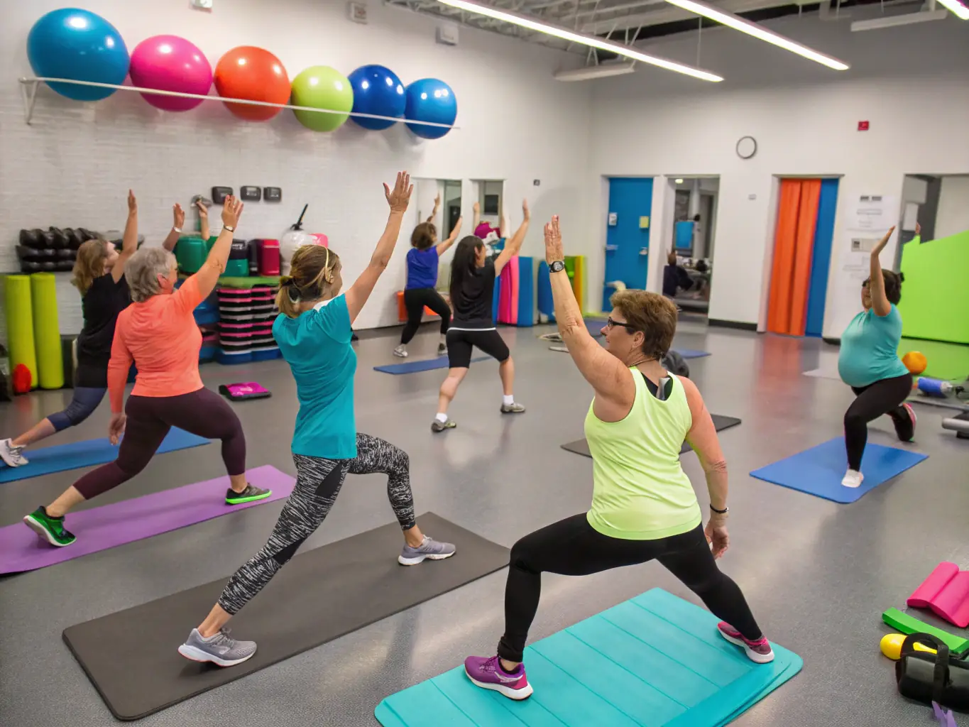 A diverse group of adults participating in an aerobics class, following the instructor's lead and enjoying a high-energy workout in a supportive environment.