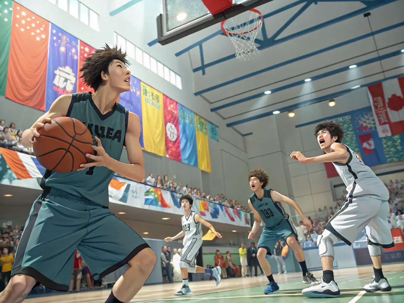 An energetic group of diverse participants engaging in a basketball game on a well-lit court, showcasing the fun and teamwork involved in EVER' FITNESS's multi-sport activities.