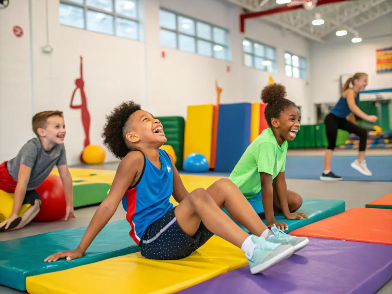 A group of children participating in a physical education class, learning fundamental movement skills and enjoying active play under the guidance of a qualified instructor.