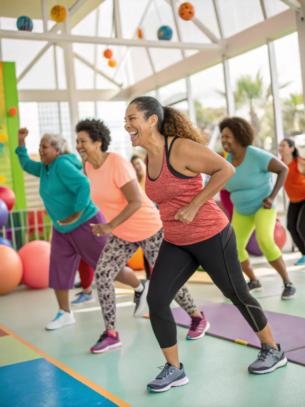 A diverse group of people laughing and supporting each other during a group fitness class at EVER' FITNESS, showcasing the gym's inclusive community.